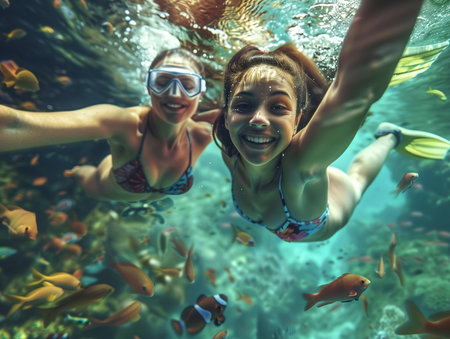 The image shows two young girls swimming underwater with their eyes open, wearing snorkeling mask full face and surrounded by various fishの素材
