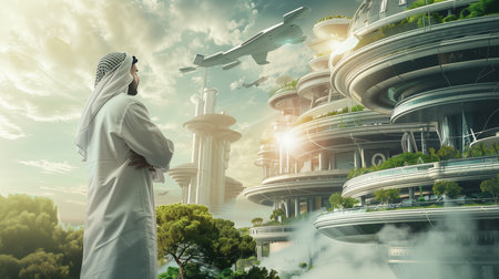 Arab  futuristic city green energy building alot of plat and tree on the building and advanced technology such as flying cars and each otherの素材
