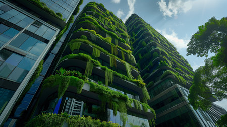 a future cityscape,buildings green plants and trees,modern architecture and futuristic designの素材