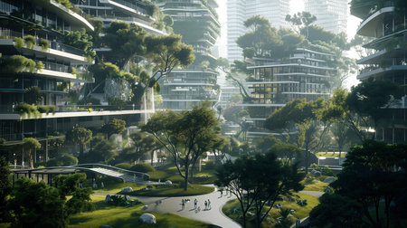 a future cityscape,buildings green plants and trees,modern architecture and futuristic designの素材