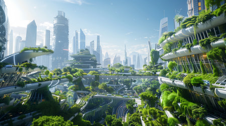 a future cityscape,buildings green plants and trees,modern architecture and futuristic designの素材
