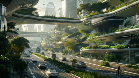 a future cityscape,buildings green plants and trees,modern architecture and futuristic designの素材