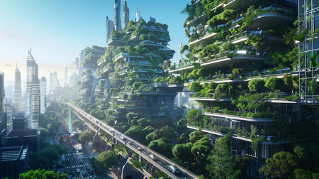 a future cityscape,buildings green plants and trees,modern architecture and futuristic designの素材
