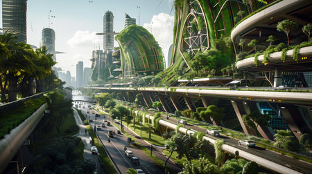 a future cityscape,buildings green plants and trees,modern architecture and futuristic designの素材