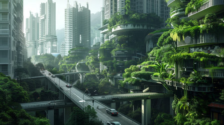 a future cityscape,buildings green plants and trees,modern architecture and futuristic designの素材