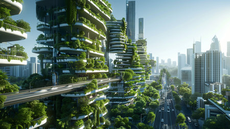 a future cityscape,buildings green plants and trees,modern architecture and futuristic designの素材