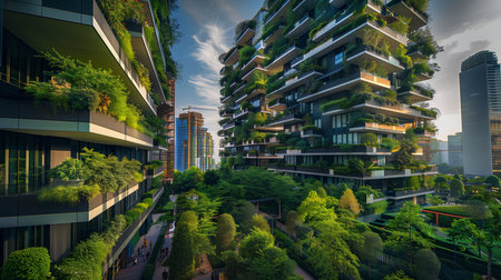 a future cityscape,buildings green plants and trees,modern architecture and futuristic designの素材