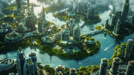 a future cityscape,buildings green plants and trees,modern architecture and futuristic designの素材