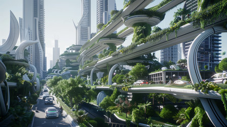a future cityscape,buildings green plants and trees,modern architecture and futuristic designの素材