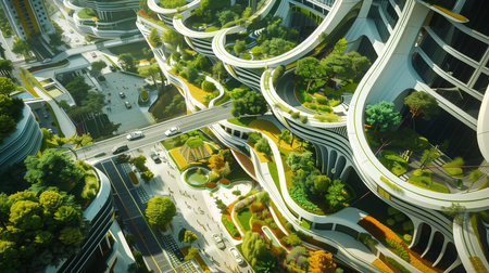 a future cityscape,buildings green plants and trees,modern architecture and futuristic designの素材