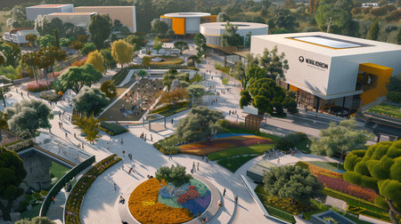 a future cityscape,buildings green plants and trees,modern architecture and futuristic designの素材