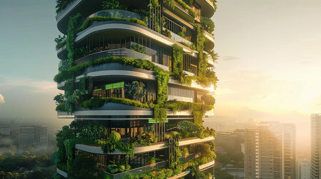 a future cityscape,buildings green plants and trees,modern architecture and futuristic designの素材