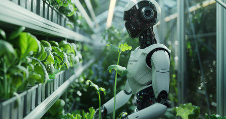 A humanoid robot working in an indoor farm, tending to plants and growing vegetables, showcasing the integration of AI technology into agricultureの素材