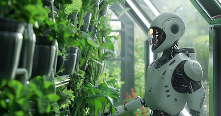A humanoid robot working in an indoor farm, tending to plants and growing vegetables, showcasing the integration of AI technology into agricultureの素材