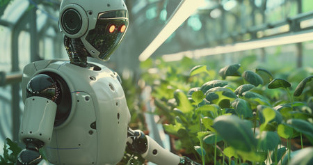 A humanoid robot working in an indoor farm, tending to plants and growing vegetables, showcasing the integration of AI technology into agricultureの素材
