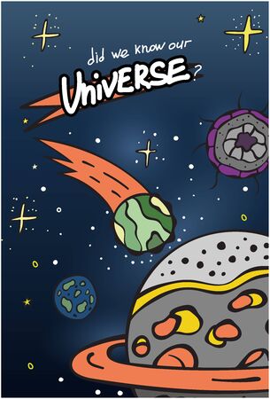 Do we know our universe. Vector illustration of a flying asteroid on an unknown planet in spaceのイラスト素材