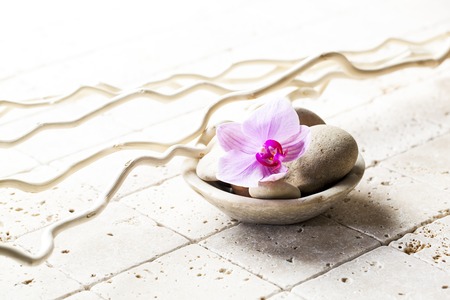 cup with mineral stones and flower for zenの写真素材