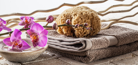 washing up concept with natural sponge, cotton towel, drift wood and beautiful flowers for natural feng shui bathの写真素材