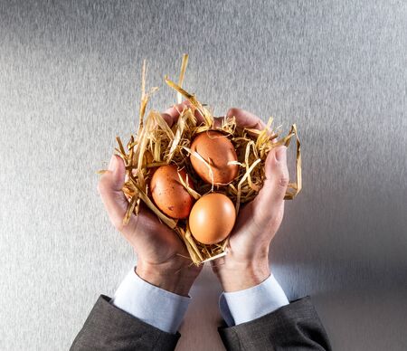 businessman hands displaying genuine organic eggs in straw for concept of green food, social responsibility or humanity preservation, above viewの写真素材