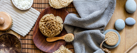 mix of beauty accessories in excess for traditional shower or bath, fresh spa and hammam, top viewの写真素材