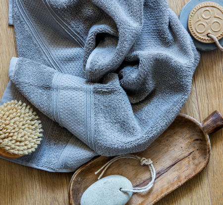 pure grey towel with body brush, footcare accessory and genuine soap for ethnic and zero waste shower, top viewの写真素材