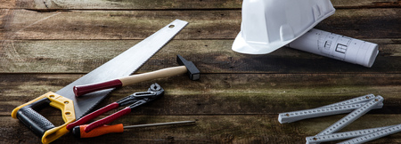 Banner of house tooling gear for building, maintenance, craftsmanship and repairing with hard hat,...