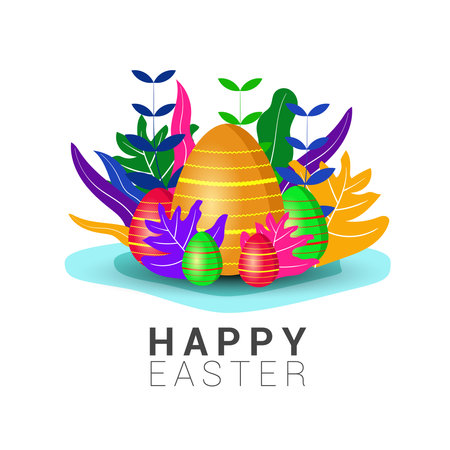 Happy Easter, greeting card design Easter poster and banner template with colorful leaves, and eggのイラスト素材