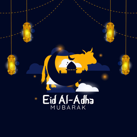 Eid Al-Adha. Greeting card with sacrificial sheep and cows. decorated with lanterns and crescent moon on a cloudy night backgroundのイラスト素材