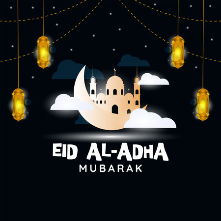 happy eid al adha, greeting card or social media post with decorated crescent moon, mosque and lantern on night backgroundのイラスト素材