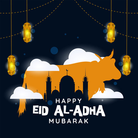 eid al adha, greeting banner or poster eid al adha greeting card with decoration silhouette of mosque, sacrificial cow and lantern on night backgroundのイラスト素材