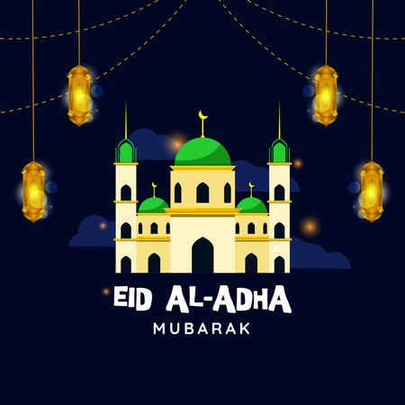 eid al adha, illustration design of greeting banner or eid al adha greeting card poster with mosque and lantern decoration on night backgroundのイラスト素材