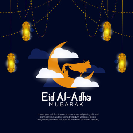 Eid Al-Adha. Greeting card with sacrificial sheep and cows. decorated with lanterns and crescent moon on a cloudy night backgroundのイラスト素材