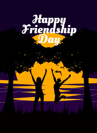International friendship day on 30th july, sunset silhouette style poster greeting card design with two women friendshipのイラスト素材