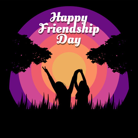 International friendship day on 30th july, sunset silhouette style poster greeting card design with two women friendship charactersのイラスト素材