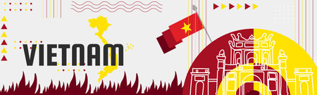 Vietnam Flag and map. National day or Independence day design for Vietnamese celebration. Modern retro banner design. Vector illustrationのイラスト素材