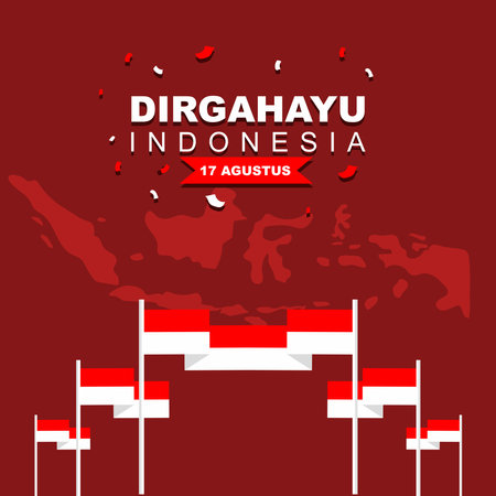 Indonesia independence day greeting card design on 17th august, poster banner design and social media post, decoration flag and map of indonesiaのイラスト素材