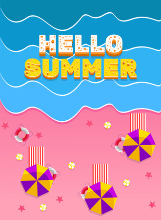 Summer holiday. Vertical banner poster design with decorative umbrellas, floats, beach ball and starfish with beautiful beach wavesのイラスト素材
