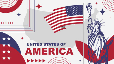United States of america national Holiday or American Independence Day, Design Background banner with statue of liberty, map and American flag in modern retro styleのイラスト素材