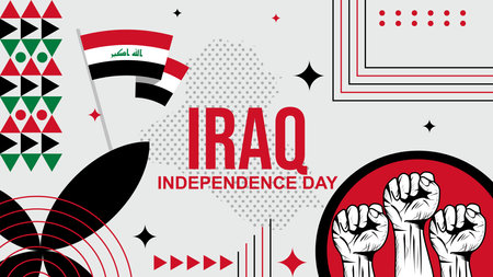 Iraq Independence Day abstract banner design with flag and map. Flag color theme geometric pattern retro modernのイラスト素材