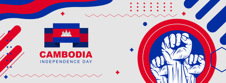 Cambodia independence day, banner design for cambodia national day. banner with cambodian flag colors theme background and geometric abstract retro modernのイラスト素材