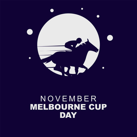 Vector illustration of Melbourne Cup Day November, design with silhouettes of people racing horses on  purple backgroundのイラスト素材