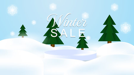 3D realistic podium for winter Sale promotion. design with trees and snowflakes. Illustration vector templateのイラスト素材