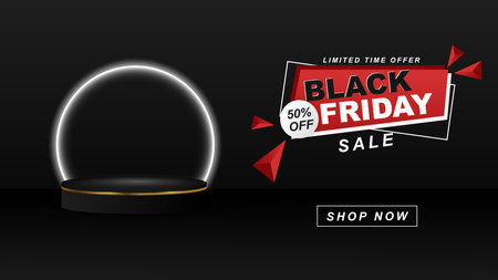 Promotional banner design for black Friday sale. Black circle podium with white neon light, empty stage for product advertising. Vector illustrationのイラスト素材
