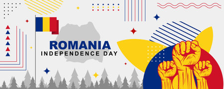 Romanian independence day banner celebrated on December 1, romanian national day banner with flag, map and clenched fist in classic retro theme style. Vector illustrationのイラスト素材