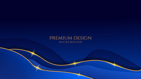 Dark blue luxury premium background with shining gold line waves, suitable for banners, wallpapers, brochures and posters. Vector illustrationのイラスト素材