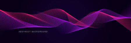 Dark purple abstract background with glowing waves. Shiny lines design element. Modern pink blue gradient flowing wave lines. Futuristic technology concept. Vector illustrationのイラスト素材