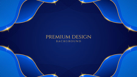 Dark blue luxury premium background with shining gold line waves, suitable for banners, wallpapers, brochures and posters. Vector illustrationのイラスト素材