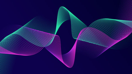 Abstract glowing wave lines on dark blue background. Dynamic wave pattern. Modern flowing wavy lines. Futuristic technology concept. Suit for banner, poster, cover, brochure, flyer, websiteのイラスト素材