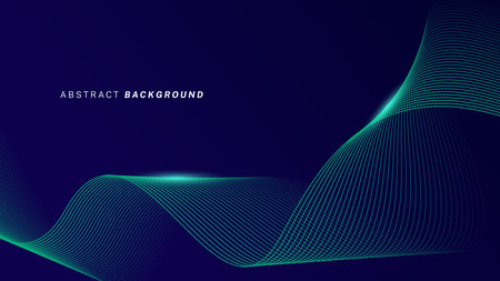Abstract glowing wave lines on dark blue background. Dynamic wave pattern. Modern flowing wavy lines. Futuristic technology concept. Suit for banner, poster, cover, brochure, flyer, websiteのイラスト素材