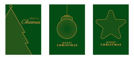 Merry Christmas Line Art Style Poster. Gold and Green Christmas Greeting Card Design. Simple Christmas Poster Design.のイラスト素材
